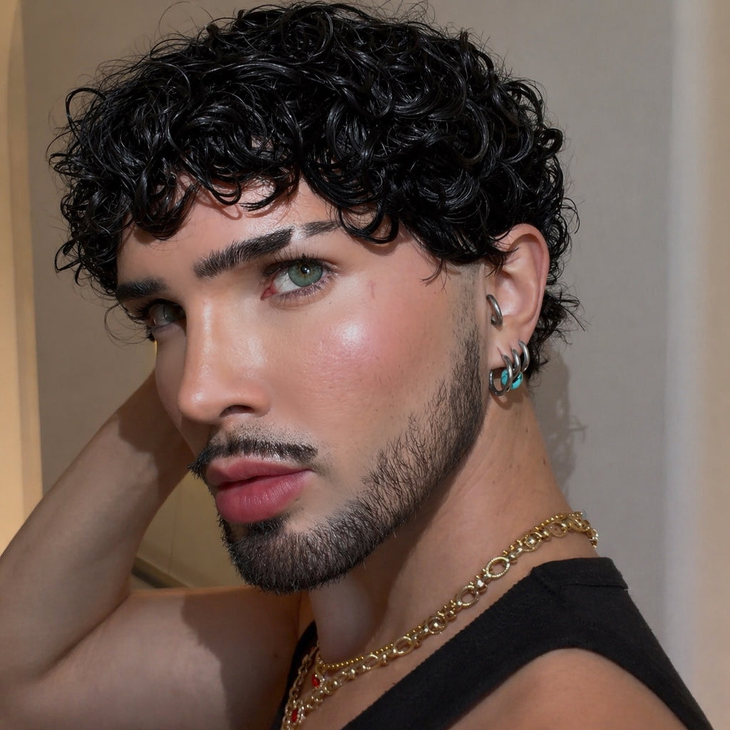 NEW Short Defused Curly “BLACK” NO LACE WIG