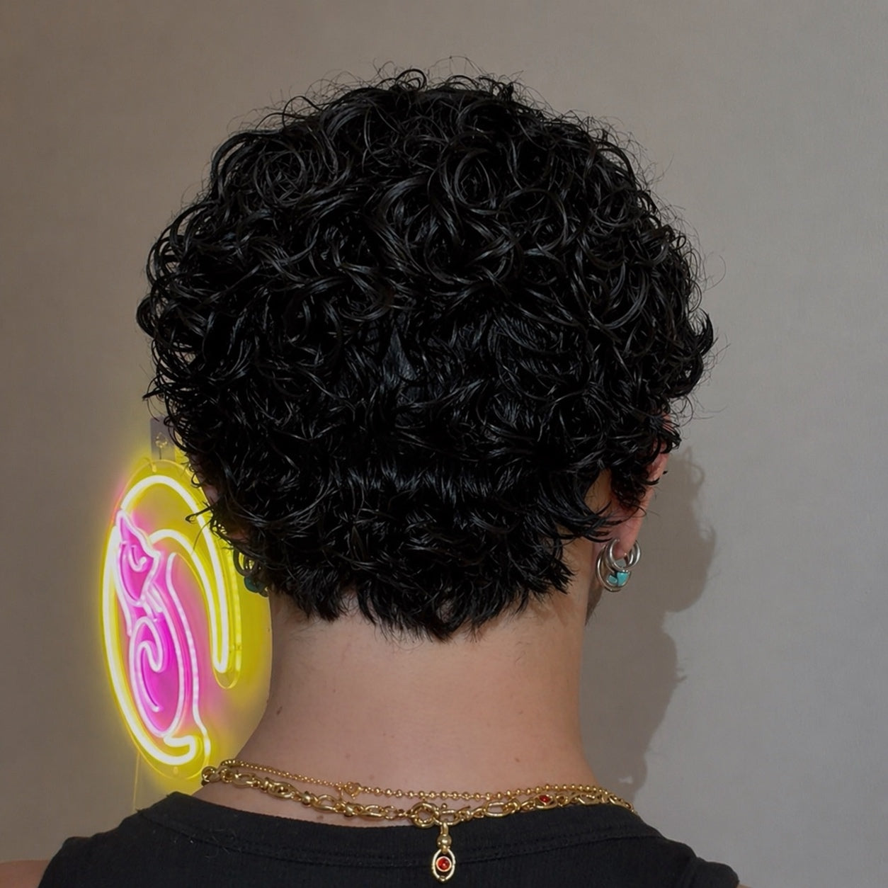 NEW Short Defused Curly “BLACK” NO LACE WIG