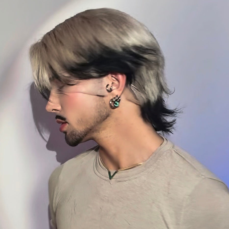 Iced Blonde With Black Tips - Bangs/ Mullet Razor Cut FULL LACE WIG