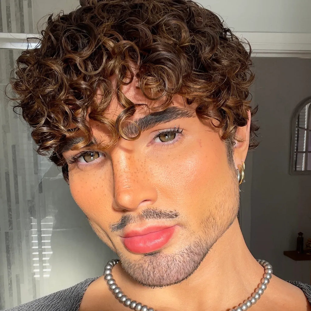 Curly Caramel Brown Highlighted Short Style -  NO LACE WIG