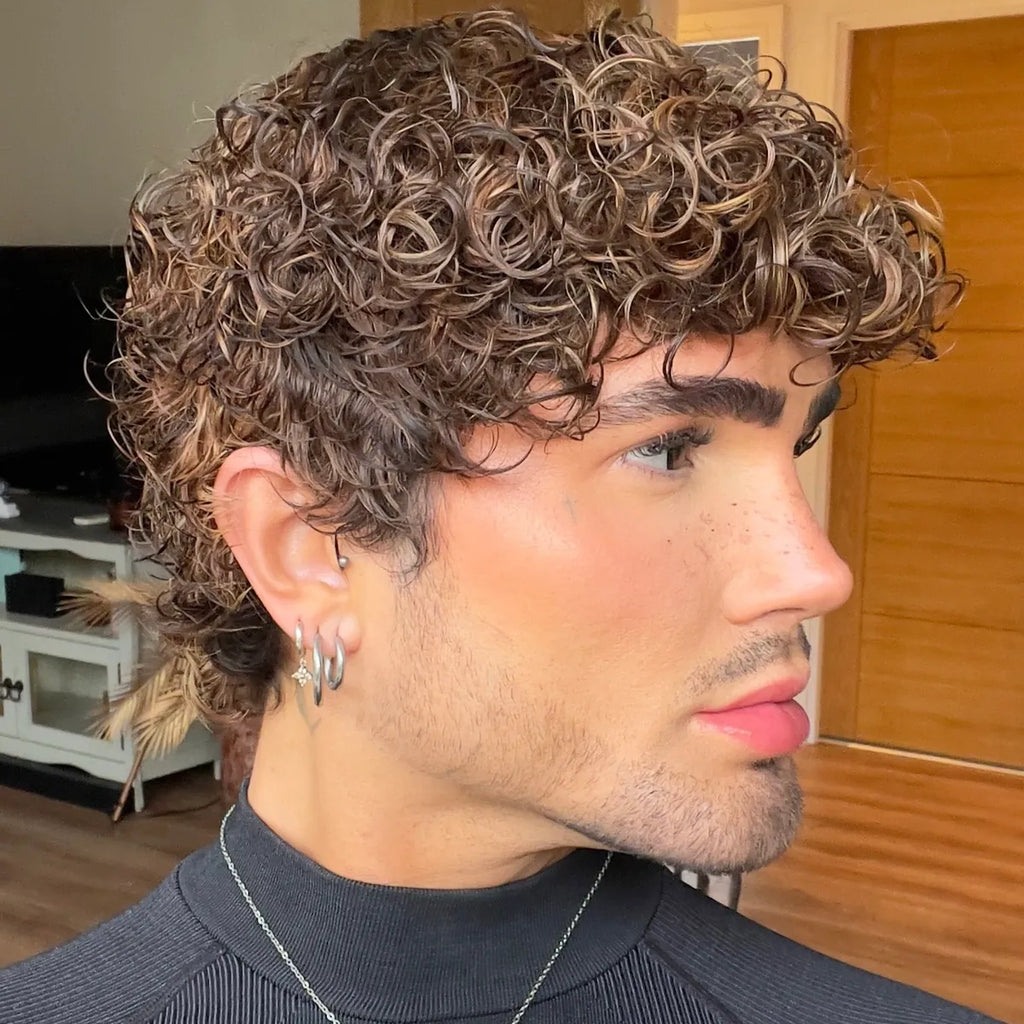 Curly Caramel Brown Highlighted Short Style -  NO LACE WIG