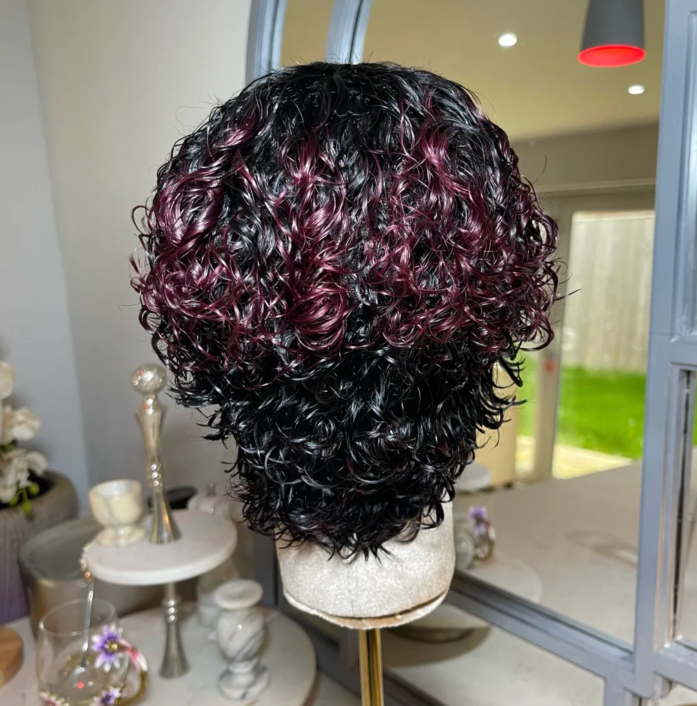 Curly Subtle Deep Cherry Short Style NO LACE WIG