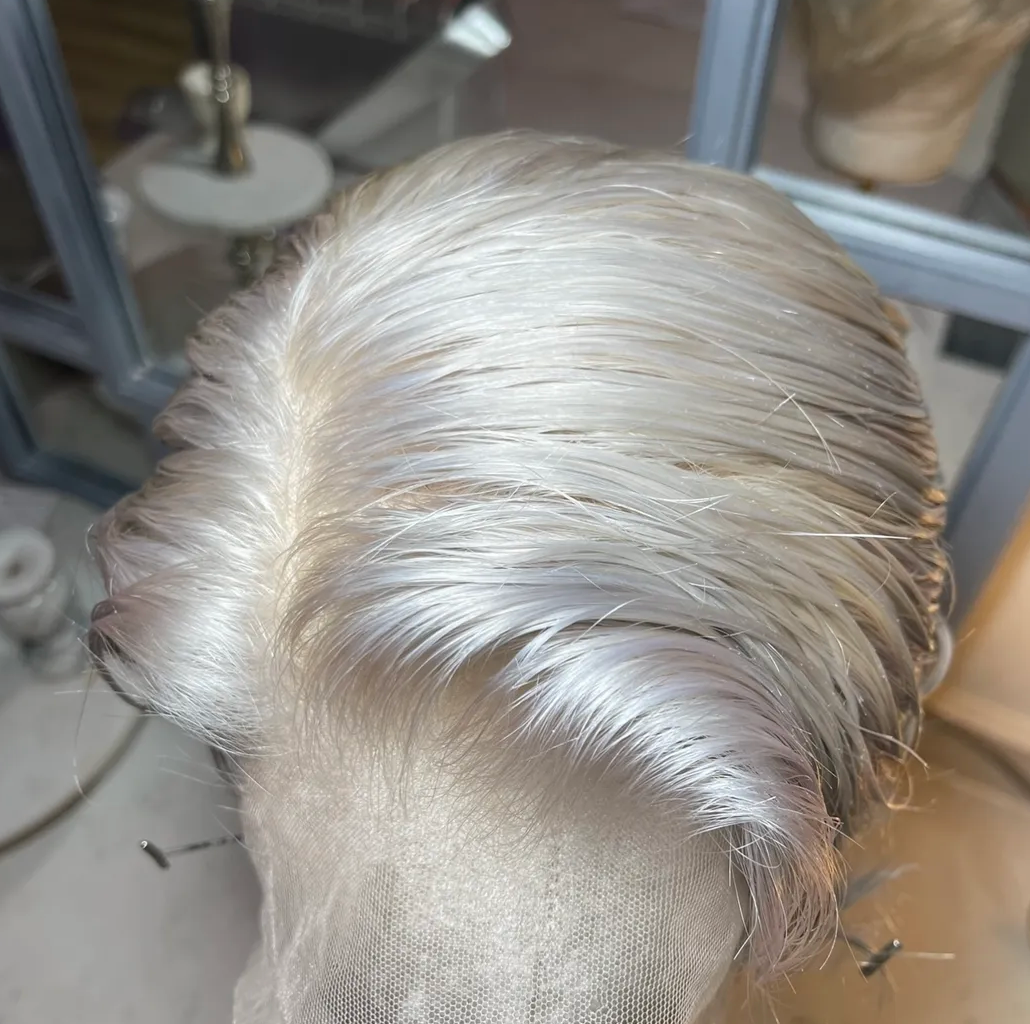 (Longer Front Length) Platinum Ash Blonde Tapered Shaven Back & Sides 360 LACE WIG