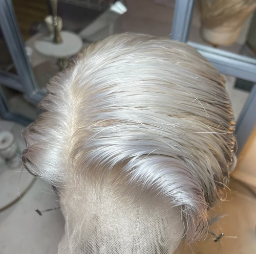 (Longer Front Length) Platinum Ash Blonde Tapered Shaven Back & Sides 360 LACE WIG