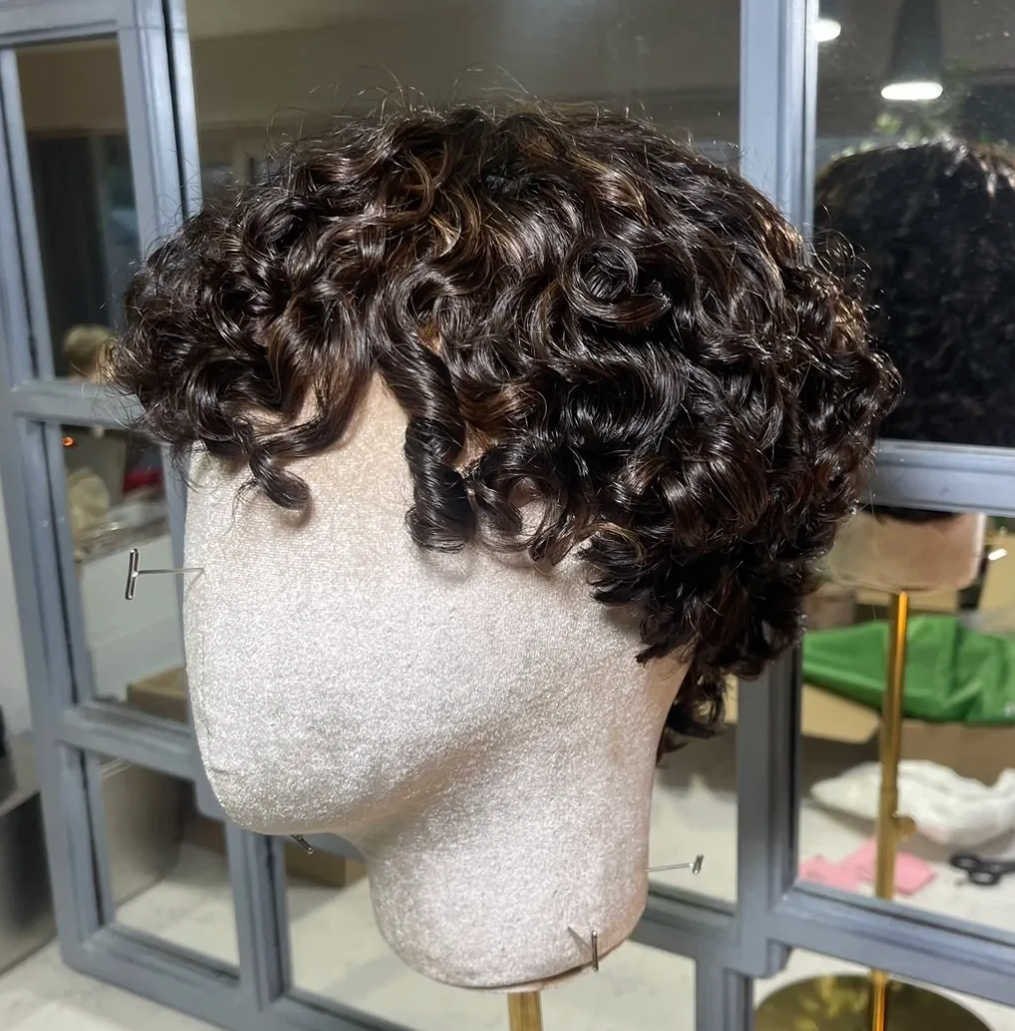 Curly Mid Brown Short Human Hair NO LACE WIG