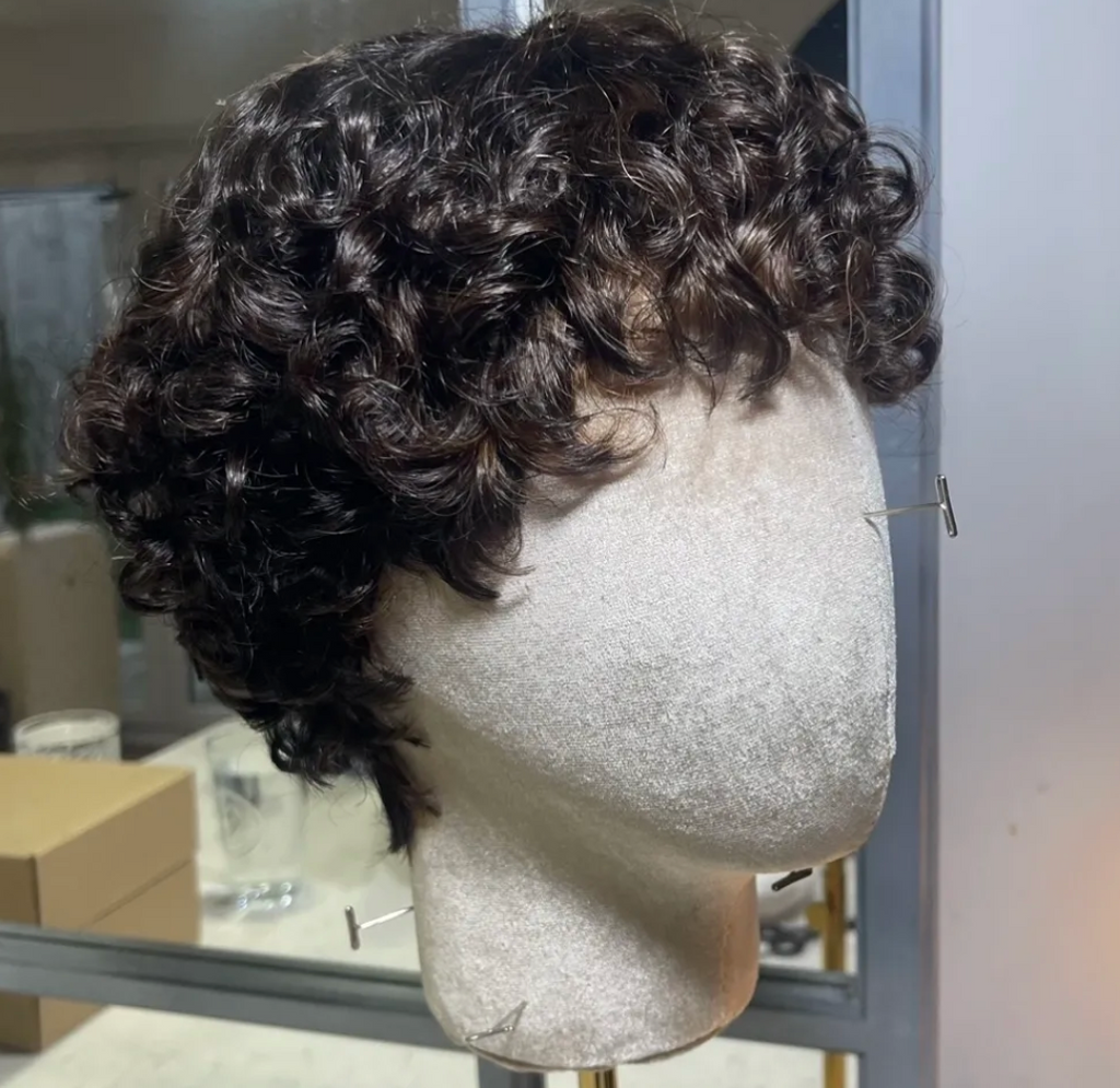 Curly Mid Brown Short Human Hair NO LACE WIG