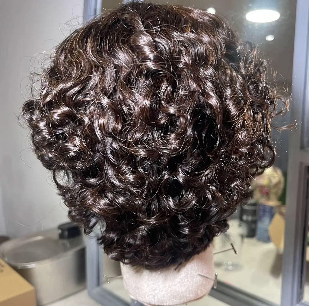 Curly Mid Brown Short Human Hair NO LACE WIG