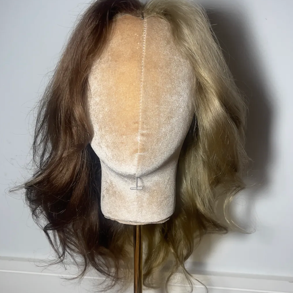Yin & Yang Split Color 12 Inch Long, Natural Golden Brown + Golden Blonde FULL LACE WIG