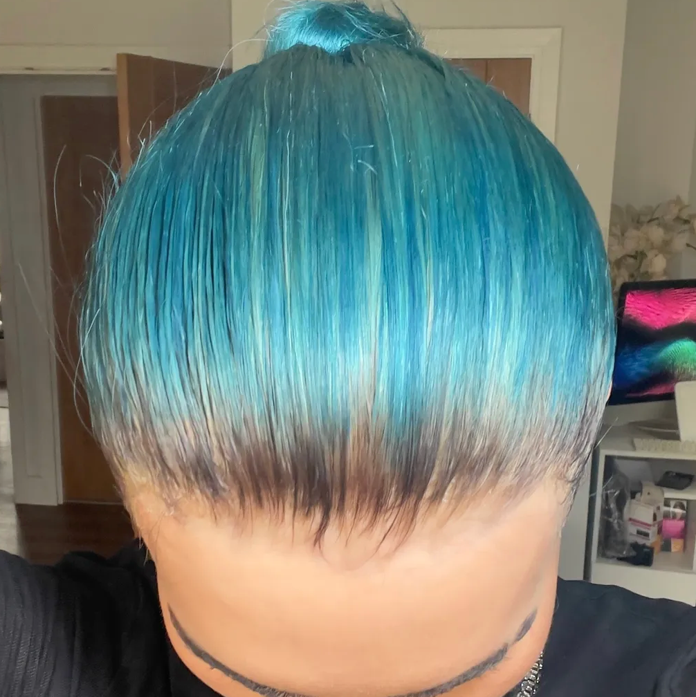 Undercut Long 12 Inch JADED BLUE With Dark Natural Brown Root FULL LACE WIG